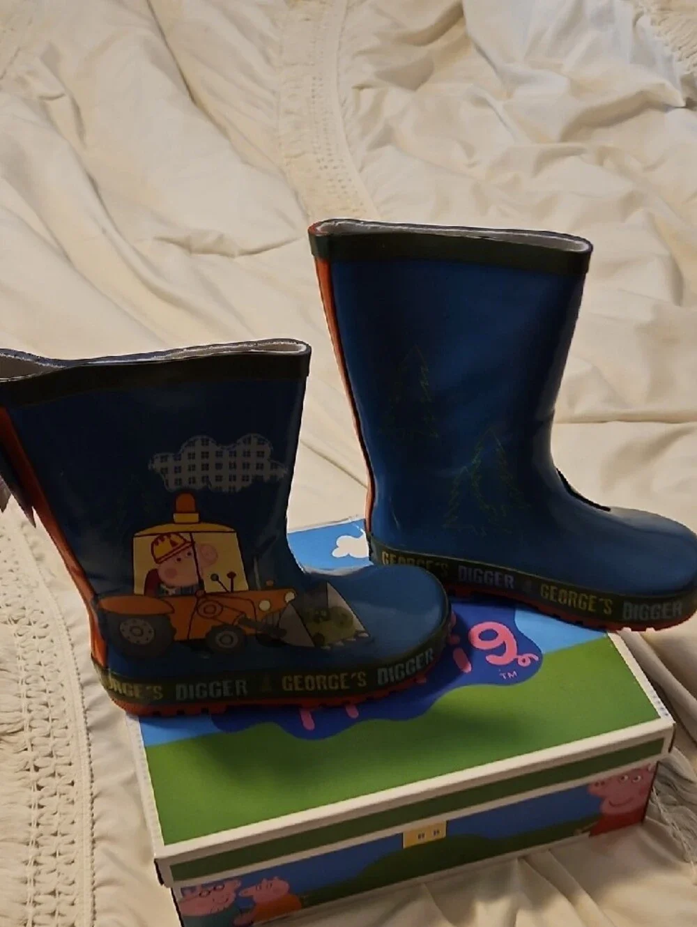 George Blue Kids Digger Rain Boot with Orange Trim